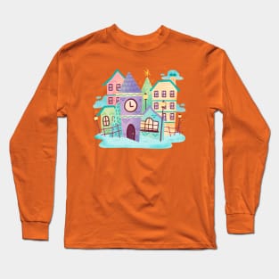 Watercolor Cute Town Scene Long Sleeve T-Shirt